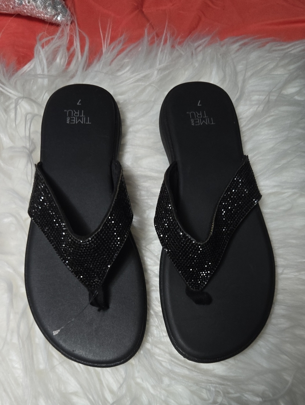 Time and Tru women's thong sandal featuring a sparkly rhinestone or glitte